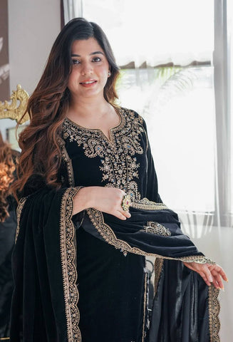 Ceremony Wear Black Color Velvet Embroidery Work Suit