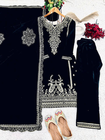 Ceremony Wear Black Color Velvet Embroidery Work Suit