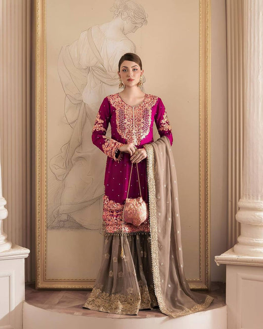 Function Wear Georgette Heavy Pink And Beige Color Sharara Suit