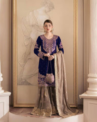 Function Wear Georgette Heavy Navy Blue And Beige Color Sharara Suit