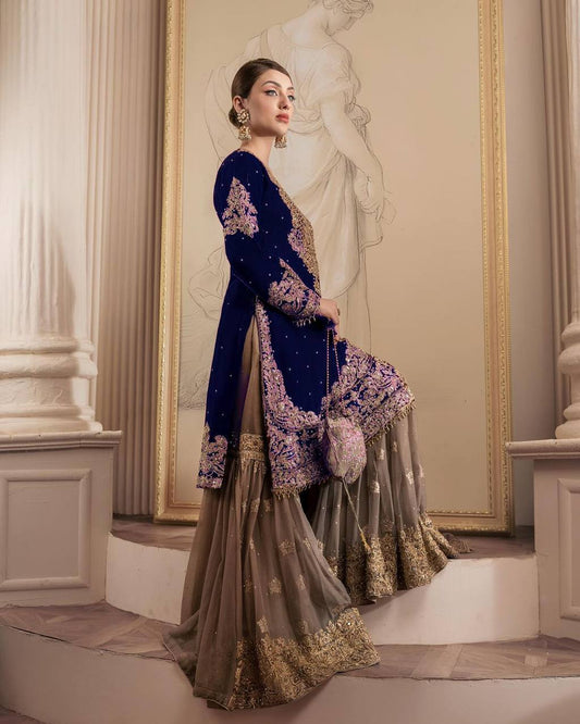 Function Wear Georgette Heavy Navy Blue And Beige Color Sharara Suit