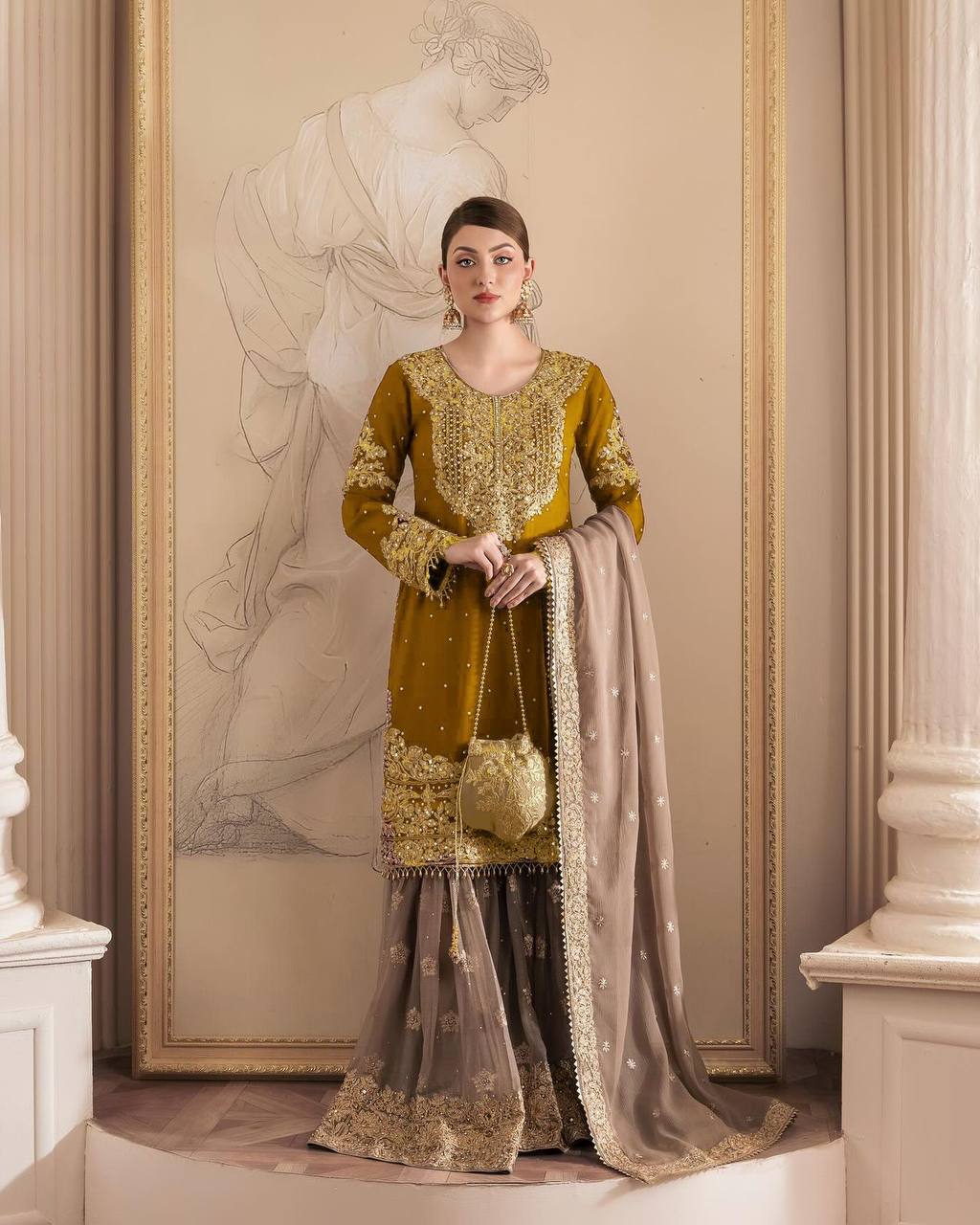 Function Wear Georgette Heavy Mustard And Beige Color Sharara Suit