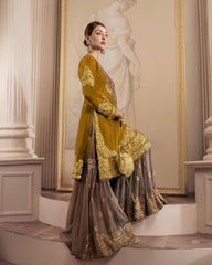 Function Wear Georgette Heavy Mustard And Beige Color Sharara Suit