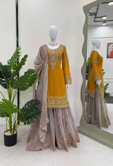 Function Wear Georgette Heavy Mustard And Beige Color Sharara Suit