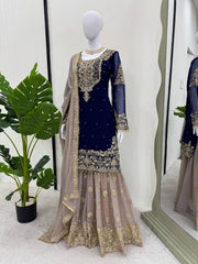 Function Wear Georgette Heavy Navy Blue And Beige Color Sharara Suit