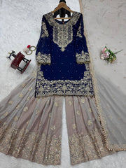 Function Wear Georgette Heavy Navy Blue And Beige Color Sharara Suit