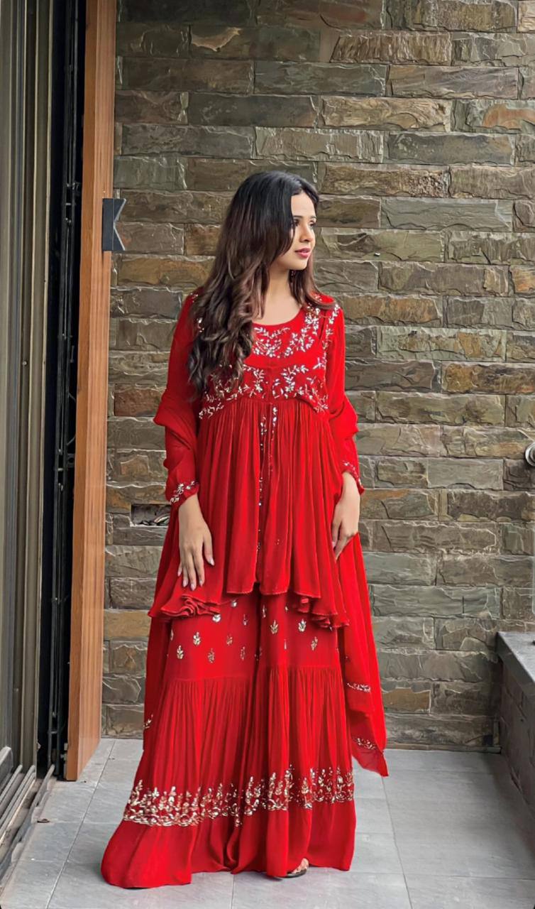 Fantastic Red Color Georgette Thred Work Sharara Suit