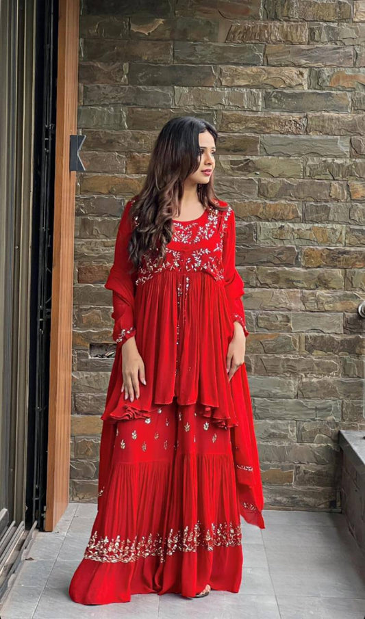 Fantastic Red Color Georgette Thred Work Sharara Suit