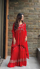 Fantastic Red Color Georgette Thred Work Sharara Suit