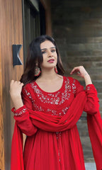 Fantastic Red Color Georgette Thred Work Sharara Suit