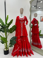 Fantastic Red Color Georgette Thred Work Sharara Suit