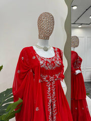 Fantastic Red Color Georgette Thred Work Sharara Suit