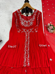 Fantastic Red Color Georgette Thred Work Sharara Suit