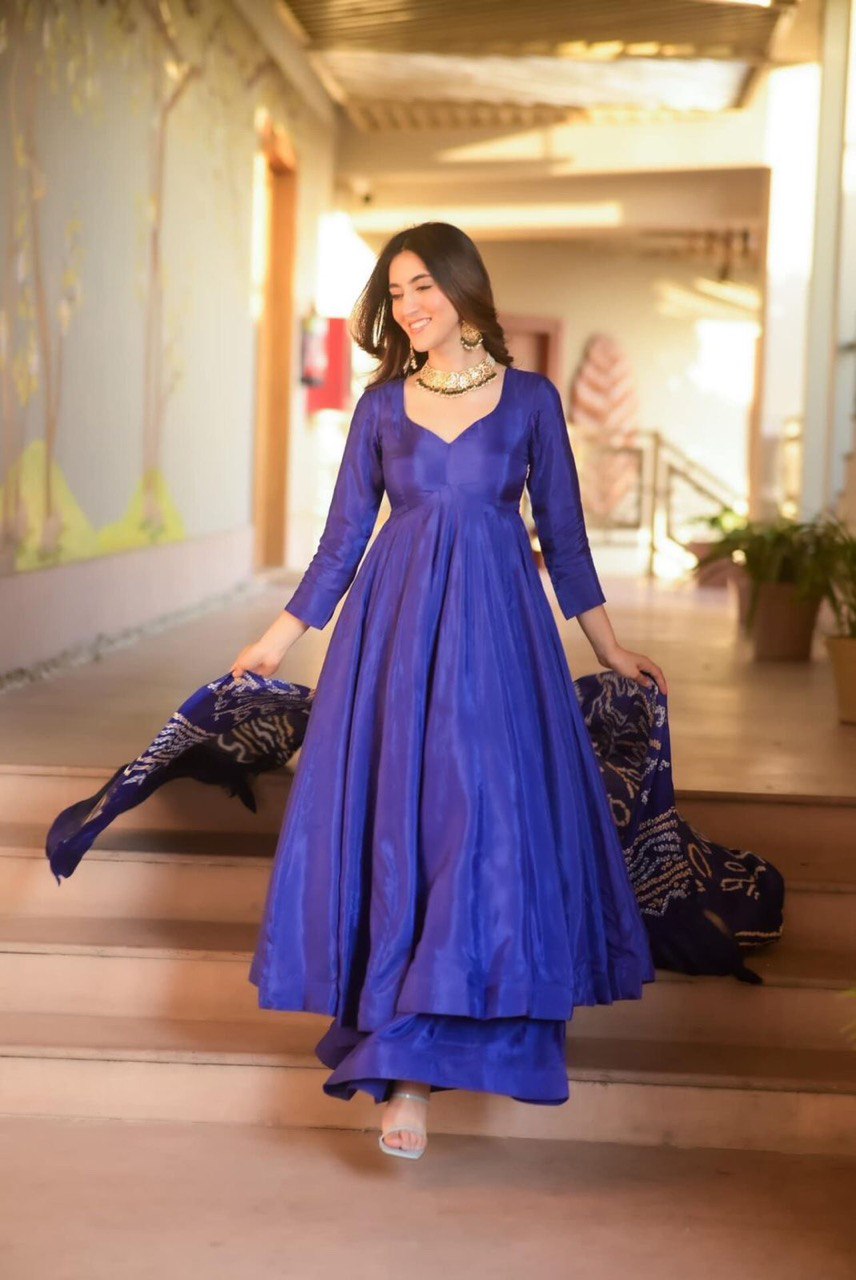 Ravishing Chinnon Blue Color Anarkali Gown With Palazzo