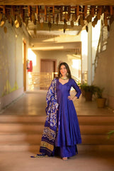 Ravishing Chinnon Blue Color Anarkali Gown With Palazzo