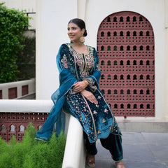 Admiring Velvet Teal Blue Color Sequence Work Palazo Suit