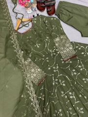 Festive Wear Georgette Embroidery Work Mehndi Color Gown
