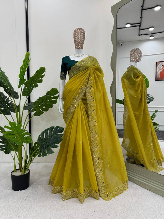 Haldi Wear Yellow Color Crunchy Silk Sequence Work Saree