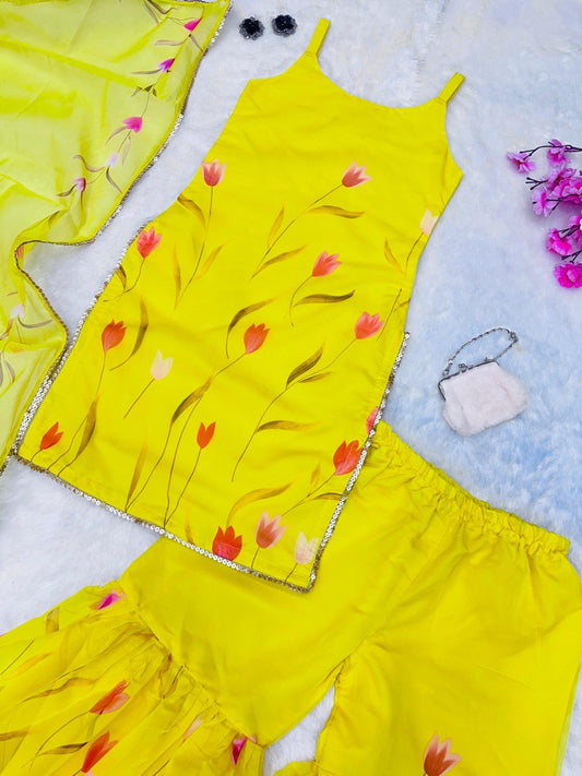 Unique Floral printed Yellow Color Sharara Suit