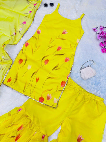 Unique Floral printed Yellow Color Sharara Suit