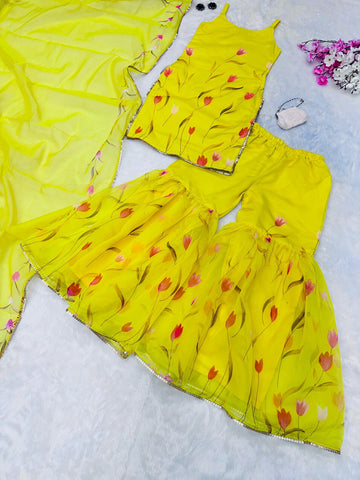Unique Floral printed Yellow Color Sharara Suit