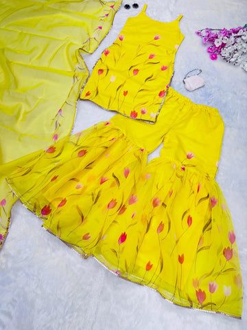 Unique Floral printed Yellow Color Sharara Suit