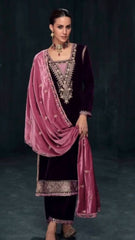 Traditional wear Wine Color Salwar Suit Pink Dupatta