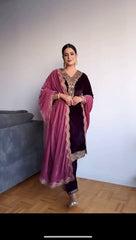 Traditional wear Wine Color Salwar Suit Pink Dupatta