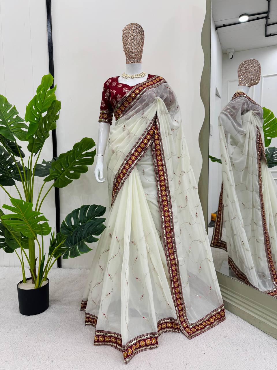 Elegant Sequence work White Color Saree