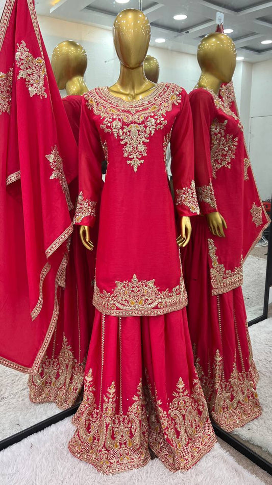 Weeding Wear Embroidered Work Pink Color Sharara Suit