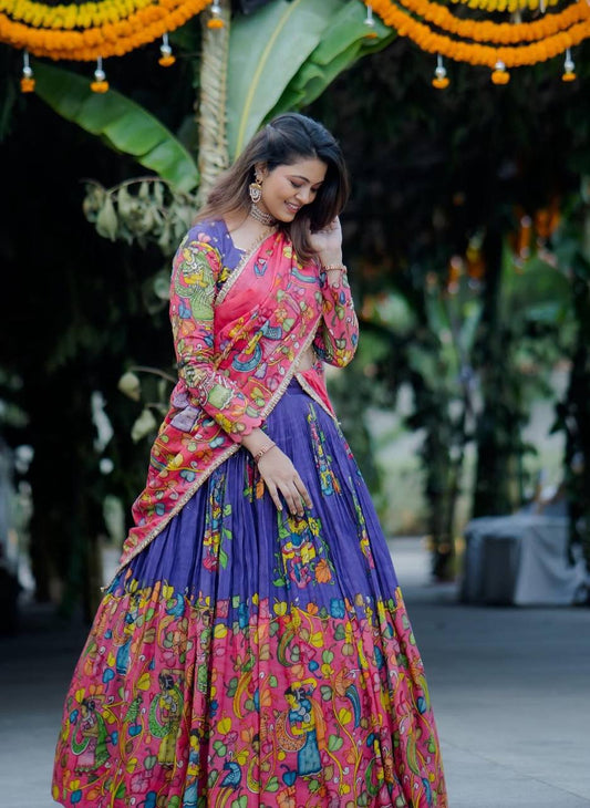 Festive Wear Blue & Pink Color Kalamkari print Lehenga Choli