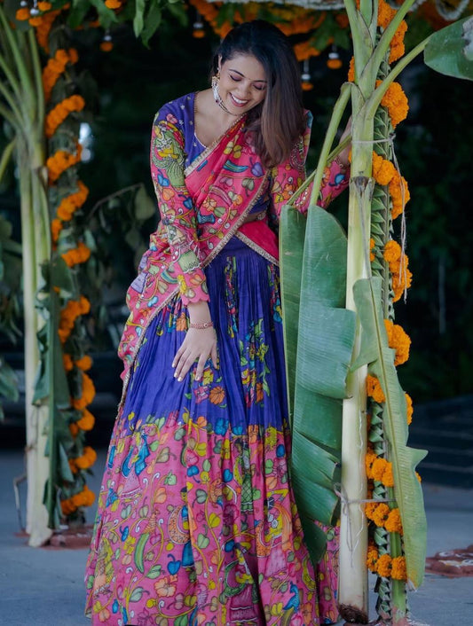 Festive Wear Blue & Pink Color Kalamkari print Lehenga Choli