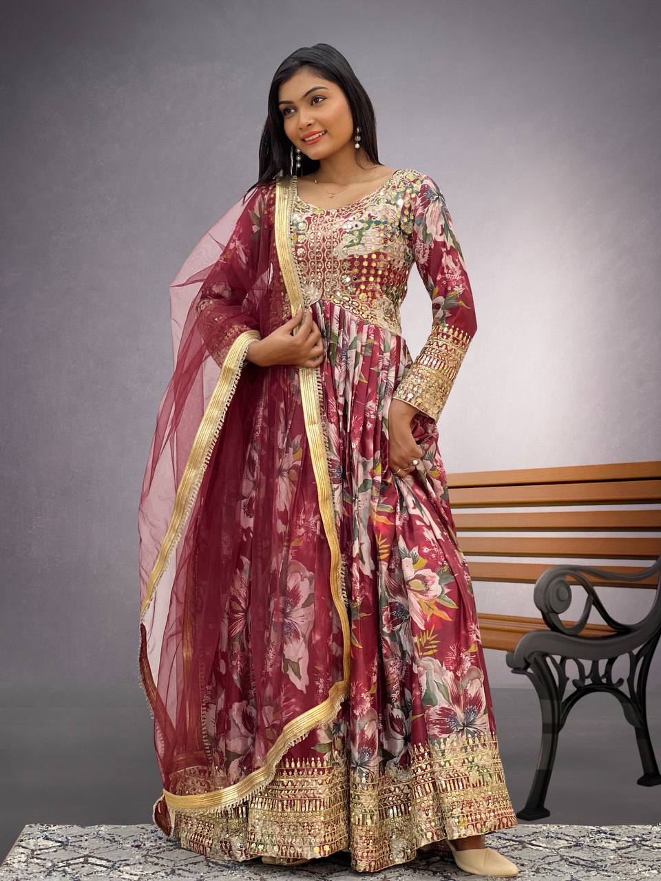 Preferable Red Multi Color Embroidery Work Anarkali Gown