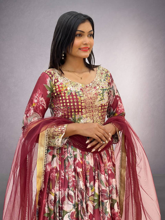 Preferable Red Multi Color Embroidery Work Anarkali Gown