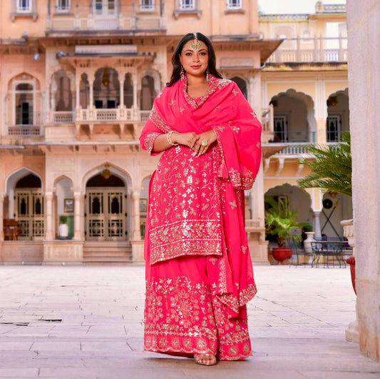 Festive Wear Embroidery Work Pink Color Top With Plazzo Suit