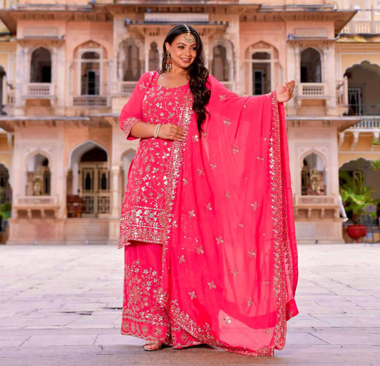 Festive Wear Embroidery Work Pink Color Top With Plazzo Suit