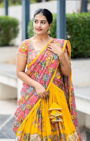 Function Wear Kalamkari Print Yellow Color Lehenga Choli