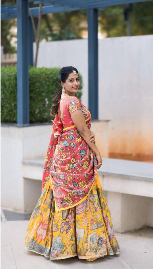 Function Wear Kalamkari Print Yellow Color Lehenga Choli