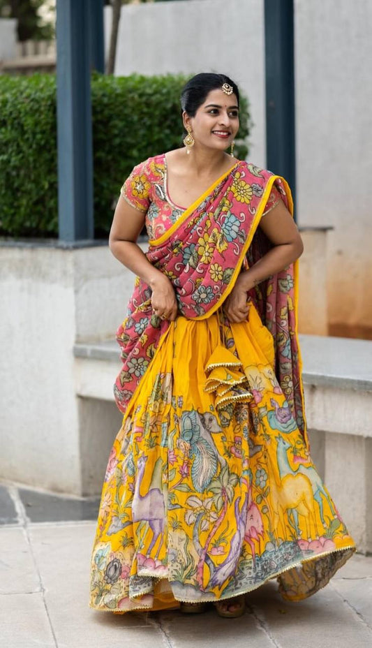 Function Wear Kalamkari Print Yellow Color Lehenga Choli
