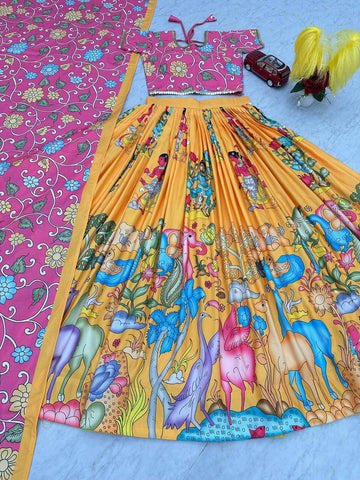 Function Wear Kalamkari Print Yellow Color Lehenga Choli