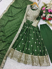 Designer Mehndi Color Gown With Dupatta