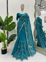 Wedding & Party Wear Tibby Silk Teal Blue Color Saree