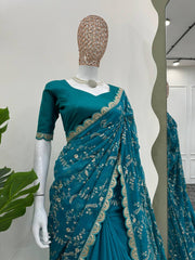 Wedding & Party Wear Tibby Silk Teal Blue Color Saree