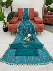 Wedding & Party Wear Tibby Silk Teal Blue Color Saree