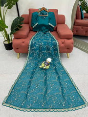 Wedding & Party Wear Tibby Silk Teal Blue Color Saree