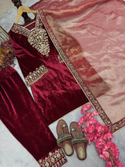 Blissful Velvet Embroidery With Moti Work Maroon Color Suit