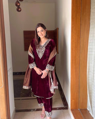 Blissful Velvet Embroidery With Moti Work Maroon Color Suit