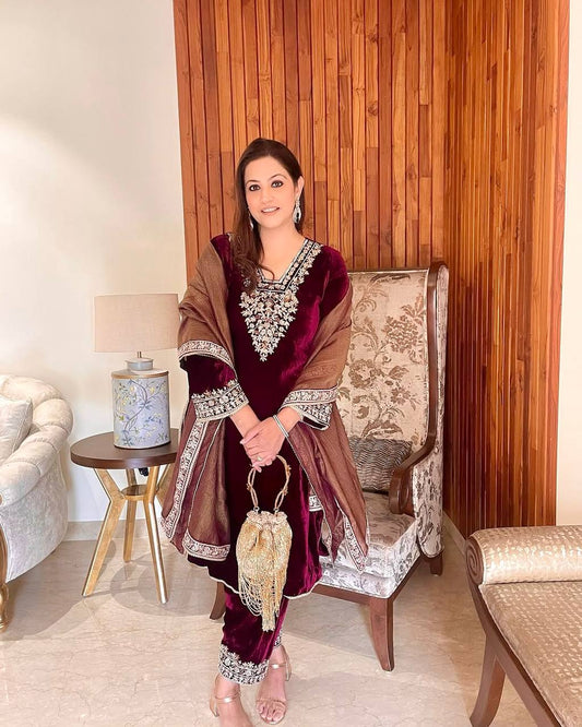 Blissful Velvet Embroidery With Moti Work Maroon Color Suit