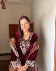 Blissful Velvet Embroidery With Moti Work Maroon Color Suit