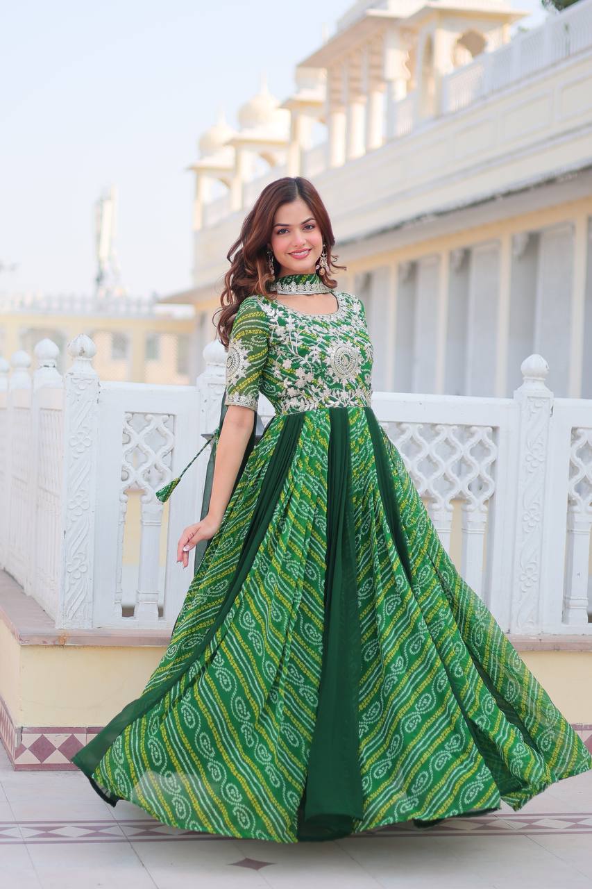 Decent Embroidery work Green Gown With Dupatta